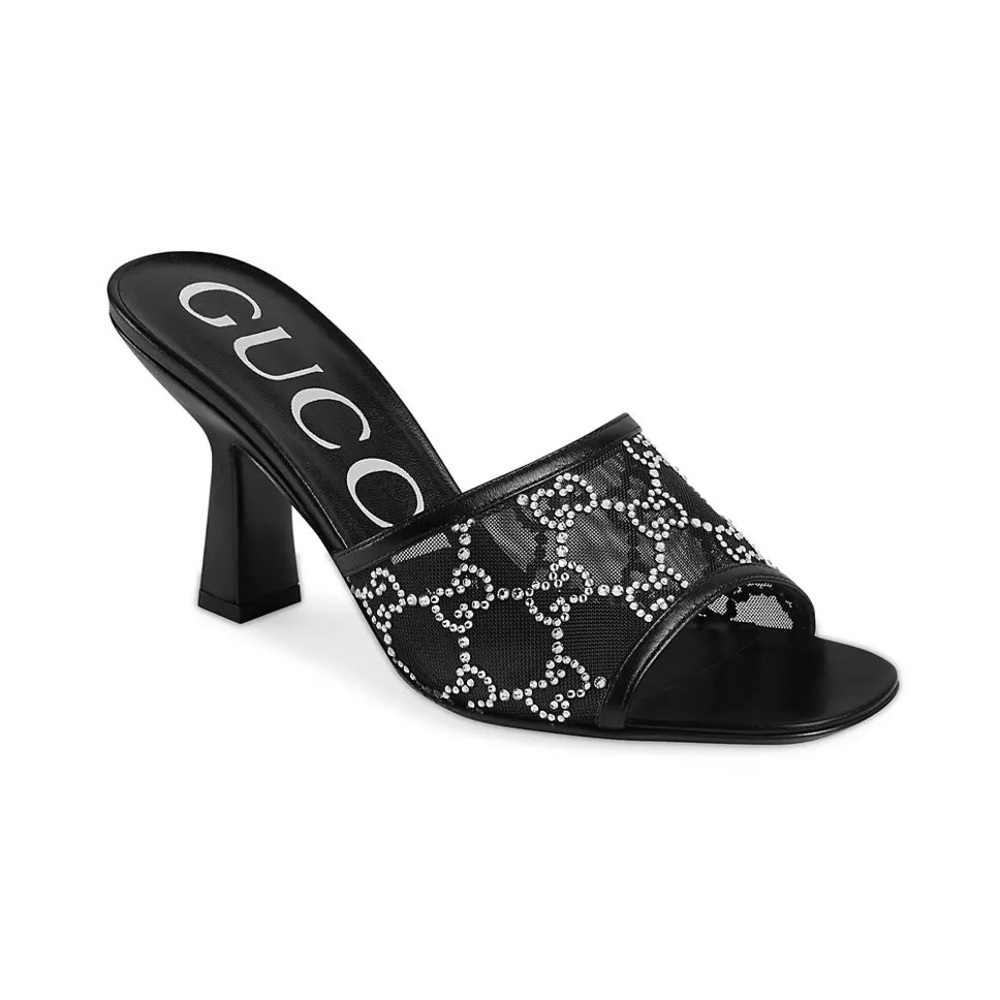 Gucci Black Demi Mesh Crystal Sandal Heels 38